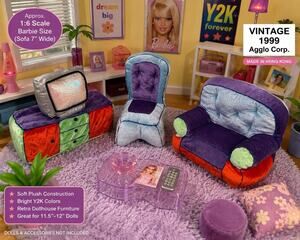 Vintage 1999 Agglo Plush Dollhouse Furniture Set Sofa Chair TV Stand Hong Kong